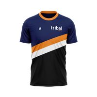 Custom-made running jersey with blue, orange, and black design from TD
