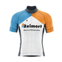 Maglia da ciclismo personalizzata blu, arancione e bianca con logo cliente