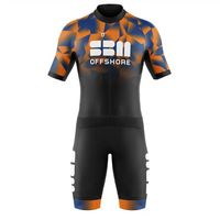 Body triathlon personalizzato per SBM con design arancione, blu e nero e stampa
